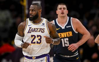 LOS ANGELES, CA - APRIL 27: Nikola Jokic (15) of the Denver Nuggets and LeBron James (23) of the Los Angeles Lakers square off during the first half at Crypto.com Arena in Los Angeles on Saturday, April 27, 2024. (Photo by AAron Ontiveroz/The Denver Post)