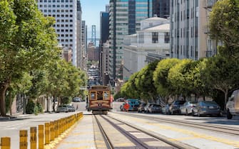 Cable cars in San Francisco street, California
