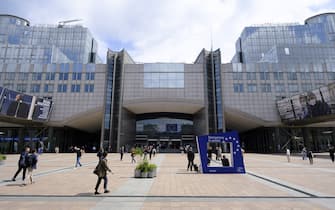 BRUSSELS, BELGIUM - MAY 24: Visitors walk on the Espace Leopold, in front of the Altiero Spinelli (ASP) building, designed by 'Atelier d'architecture de Genval' (Genval architecture workshop) on May 24, 2023 in Brussels, Belgium. The European Parliament (EP) is the legislative body of of the European Union (EU) elected by direct universal suffrage. (Photo by Thierry Monasse/Getty Images)