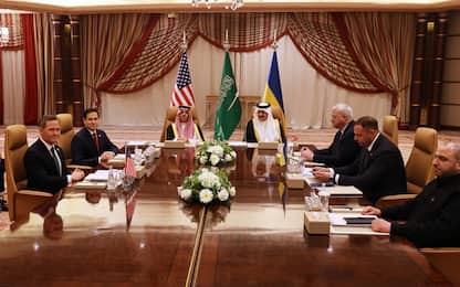 JEDDAH, SAUDI ARABIA - MARCH 11: (L-R) U.S. National Security Advisor Mike Waltz, U.S. Secretary of State Marco Rubio, Saudi Foreign Minister Faisal bin Farhan and National Security Advisor Mosaad bin Mohammad al-Aiban, Ukrainian Foreign Minister Andrii Sybiha, Ukrainian Head of Presidential Office Andriy Yermak and Ukrainian Minister of Defense Rustem Umerovto attend a meeting between the US and Ukraine hosted by the Saudis on March 11, 2025 in Jeddah, Saudi Arabia. An American delegation led by US Secretary of State Marco Rubio is in Jeddah to attend a high-stakes meeting with Ukrainian officials, in efforts to lay the groundwork for peace negations to end Russia's war in Ukraine. The talks come after Zelensky met with Saudi Crown Prince Mohammed bin Salman on Monday, and in the wake of a recent rift in US-Ukraine relations. (Photo by Salah Malkawi/Getty Images)