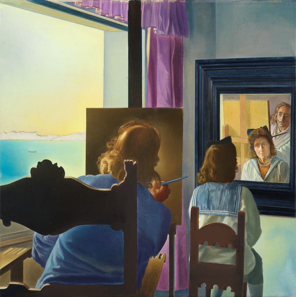  Salvador Dalí, Dalí visto di spalle mentre dipinge Gala. Opera stereoscopica / Dalí de espalsas pintando a Gala - obra estereoscópica 1972-1973 Olio su tela  © Salvador Dalí, Fundació Gala-Salvador Dalí, Roma, 2025