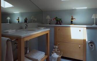 Un bagno con inserti in legno
