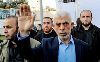 April 14, 2023, Gaza, Palestine: Yahya Sinwar, head of the Palestinian Islamic movement Hamas in the Gaza Strip, waves his hand to the crowd during the celebration of International Quds Day in Gaza City. Iran's leader delivered a historic address to the Palestinian people of Gaza, telling them to stick up to the fighting against Israel in a speech that reflected his country's support for the territory's ruling Hamas militant group. Al-Quds (Jerusalem) Day, is a commemorative day in support of the Palestinian people held annually on the last Friday of the Muslim fasting month of Ramadan by an initiative started by the late founder of the Islamic Republic in Iran. (Credit Image: © Yousef Masoud/SOPA Images via ZUMA Press Wire)