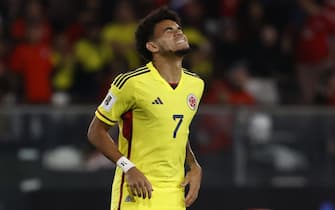 epa10857756 Luis Diaz of Colombia reacts during the 2026 FIFA World Cup qualification soccer match between Chile and Colombia at Monumental stadium in Santiago de Chile, Chile, 12 September 2023.  EPA/Elvis Gonzalez
