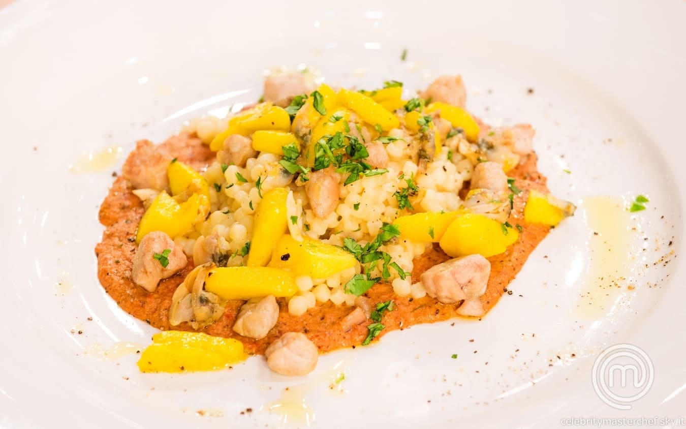 Fregola con animelle e lupini al profumo di mango