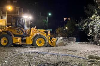 Foto LaPresse 13 agosto 2023 Bardonecchia, Italia - cronaca - Il torrente che attraversa il centro di Bardonecchia &#xe8; esondato nei pressi della piazza del municipio e di via Einaudi: una colata di fango e detriti in pieno centro