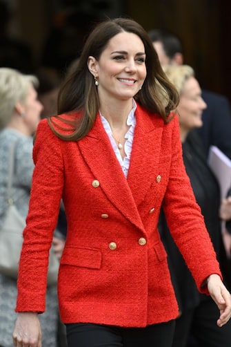 COPENHAGEN, DENMARK - FEBRUARY 22: Catherine, Duchess of Cambridge departs after a visit of the Copenhagen Infant Mental Health Project at the University of Copenhagen on February 22, 2022 in Copenhagen, Denmark. The Duchess of Cambridge visits Copenhagen between 22nd and 23rd February on a working visit with The Royal Foundation Centre for Early Childhood.  (Photo by Samir Hussein/WireImage )