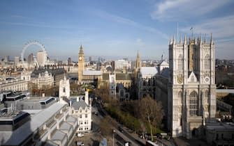 London skyline with Westminster Abbey, Palace of Westminster, Big Ben, London Eye