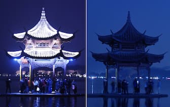 HANGZHOU, CHINA - MARCH 25, 2023 - Photo taken on March 25, 2023 shows the Jixian Pavilion (left) and the Jixian Pavilion (right) before the lights were turned off at the West Lake scenic spot in Hangzhou, Zhejiang province, China. "Earth Hour" is the world's largest open source environmental protection action initiated by the World Wide Fund for Nature. It advocates that individuals, businesses and governments turn off the lights for one hour on the last Saturday of March every year from 8:30 PM to 9:30 PM to express their concern about climate change and support for sustainable development. The theme of this year's Earth Hour is "Give an Hour for Earth." (Photo by CFOTO/Sipa USA)