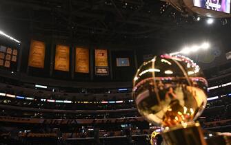 LOS ANGELES, CA - MAY 12: The unveiling of the Championship Banner of the Los Angeles Lakers and the Larry O'Brien Trophy before the game against the Houston Rockets on May 12, 2021 at STAPLES Center in Los Angeles, California. NOTE TO USER: User expressly acknowledges and agrees that, by downloading and/or using this Photograph, user is consenting to the terms and conditions of the Getty Images License Agreement. Mandatory Copyright Notice: Copyright 2021 NBAE (Photo by Adam Pantozzi/NBAE via Getty Images)