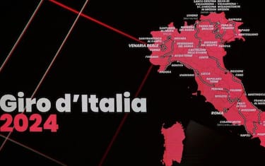 The 2024 race route is displayed on a screen during the presentation of the 2024 Giro d'Italia cycling race at the Teatro Sociale in Trento, northern Italy, on October 13, 2023. The 107th edition of the Giro d'Italia will run from May 4 to May 26, 2024. (Photo by MARCO BERTORELLO / AFP) (Photo by MARCO BERTORELLO/AFP via Getty Images)