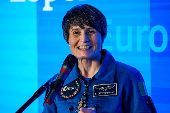 1467053282 ROME, ITALY - FEBRUARY 17: Italian astronaut Samantha Cristoforetti delivers her speech during the inauguration ceremony of "Europa Space" dedicated to David Sassoli at the headquarters of the Representation in Italy of the European Commission, on February 17, 2023 in Rome, Italy. (Photo by Antonio Masiello/Getty Images)