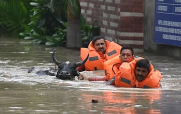 NEW DELHI, INDIA - JULY 13:  NDRF Teams doing rescue operations on flooded Yamuna Bazaar after a rise in the level of Yamuna River following the Monsoon rains  on July 13, 2023 in New Delhi, India.   (Photo by Sanchit Khanna/Hindustan Times via Getty Images)