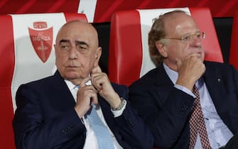 AC Monza's A.D. Adriano Galliani and AC Milan's Chairman Paolo Scaroni prior to  the “Silvio Berlusconi” Trophy soccer match between AC Monza and AC Milan at U-Power Stadium in Monza, Italy, 8 August 2023. ANSA /  ROBERTO BREGANI