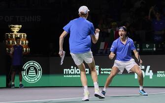 MALAGA, SPAIN - NOVEMBER 23: Jannik Sinner and Lorenzo Sonego of Italy celebrate a point during the Quarter-Final doubles match against Tallon Griekspoor and Wesley Koolhof of the Netherlands in the Davis Cup Final at Palacio de Deportes Jose Maria Martin Carpena on November 23, 2023 in Malaga, Spain.  (Photo by Francisco Macia/Quality Sport Images/Getty Images)