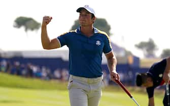 Team Europe's Viktor Hovland celebrates on the 12th during his singles match on day three of the 44th Ryder Cup at the Marco Simone Golf and Country Club, Rome, Italy. Picture date: Sunday October 1, 2023.