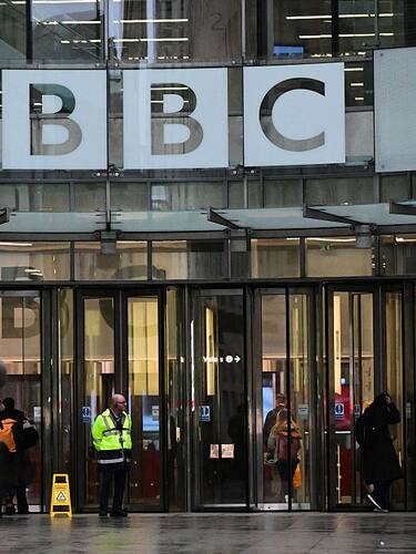 LONDON, UNITED KINGDOM - NOVEMBER 10: A view of the BBC building as BBC Director-General Tim Davie and Head of News Deborah Turness have resigned after revelations that a documentary about U.S. President Donald Trump contained edited and misleading footage related to the 2021 Capitol riot, in London, United States on November 10, 2025. The controversy arose when it was discovered that statements in the film had been taken out of context and manipulated during editing. (Photo by Rasid Necati Aslim/Anadolu via Getty Images)