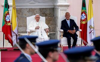 Army officers march in front of Pope Francis I and Portuguese President Marcelo Ravelo de Souza during an official visit of Pope Francis I to the presidential palace in Belem. Lisbon, August 02, 2023. As part of his participation in the World Youth Day 2023, Pope Francis I makes an official state visit. (Photo by Jorge Mantilla/NurPhoto via Getty Images)