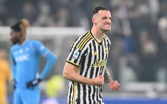 Juventus' Federico Gatti jubilates after scoring a goal during the italian Serie A soccer match Juventus FC vs SSC Napoli at the Allianz Stadium in Turin, Italy, 8 december 2023 ANSA/ALESSANDRO DI MARCO