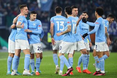 Sergej Milinkovic Savic of Lazio (L) celebrates with his teammates after scoring 1-0 goal during the Italian soccer match between SS Lazio and AC Milan at Olimpico stadium in Rome, Italy, 24 January 2023. ANSA/FEDERICO PROIETTI