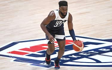 ANAHEIM, CA - AUGUST 16:   Jaylen Brown #33 of the USA Men's National Team takes the ball down court during the game against Spain at Honda Center on August 16, 2019 in Anaheim, California. (Photo by Jayne Kamin-Oncea/Getty Images)