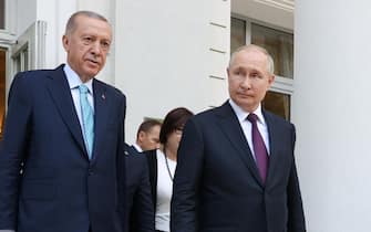 RUSSIA, SOCHI - SEPTEMBER 4, 2023: Russia's President Vladimir Putin (2nd R) and Turkey's President Recep Tayyip Erdogan (3rd L) are seen after their meeting at the Rus health resort. Sergei Karpukhin/TASS/Sipa USA