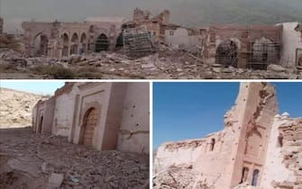 La moschea di Tinmel dopo il terremoto, 10 settembre 2023. Uno dei capolavori dell'arte sacra marocchina del 12mo secolo è ormai un cumulo di macerie. Testimonianza dello splendore almohade, nel pieno delle montagne dell'Atlante, era tappa obbligata per i cultori di arte in viaggio tra Marrakech e Taroudant.   ANSA / Olga Piscitelli