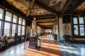 Florence, Italy. Interior of Uffizi museum Gallery, the most famous museum in Firenze.