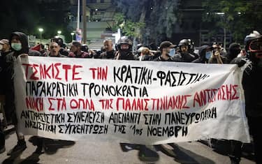 Anti-fascist counter-rally at the far-right call for the 10-year anniversary of the murder of Golden Dawn members, outside the former Golden Dawn offices in Neo Heraklion, Greece on November 1, 2023. (Photo by Konstantinos Zilos/NurPhoto via Getty Images)