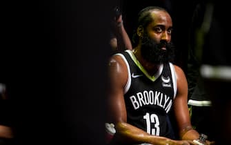 NEW YORK, NEW YORK - JANUARY 25: James Harden #13 of the Brooklyn Nets looks on from the bench during action against the Los Angeles Lakers at Barclays Center on January 25, 2022 in the Brooklyn borough of New York City. NOTE TO USER: User expressly acknowledges and agrees that, by downloading and or using this photograph, User is consenting to the terms and conditions of the Getty Images License Agreement. (Photo by Michelle Farsi/Getty Images)