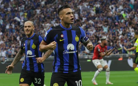 FC Inter's forward Lautaro Martínez jubilates after the goal scored by FC Inter's midfielder Henrikh Mkhitaryan during the Italian Serie A soccer match FC Inter vs AC Milan at Giuseppe Meazza Stadium in Milan, Italy, 16 September 2023. ANSA / ROBERTO BREGANI