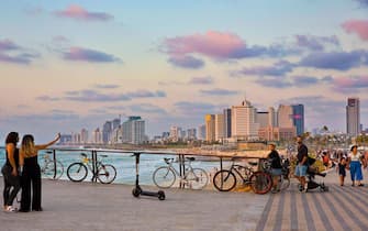 Tel Aviv coastline as seen from South at sunset