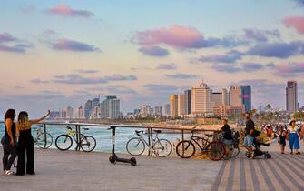 Tel Aviv coastline as seen from South at sunset