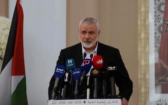 epa11510668 (FILE) - Hamas leader Ismail Haniyeh speaks during a meeting with Moroccan Prime Minister Saad-Eddine El Othmani (not pictured) in Rabat, Morocco, 16 June 2021 (reissued 31 July 2024). According to the Islamic Republic News Agency, Hamas political chief Ismail Haniyeh and one of his bodyguards were killed in Tehran, Iran.  EPA/STRINGER