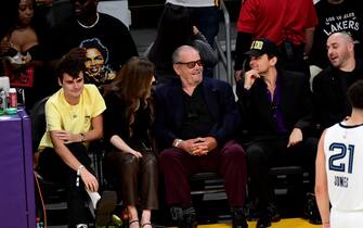 LOS ANGELES, CA - APRIL 28: Jack Nicholson smiles during the game between the Memphis Grizzlies  and the Los Angeles Lakers during round One Game Six of the 2023 NBA Playoffs on April 28, 2023 at Crypto.Com Arena in Los Angeles, California. NOTE TO USER: User expressly acknowledges and agrees that, by downloading and/or using this Photograph, user is consenting to the terms and conditions of the Getty Images License Agreement. Mandatory Copyright Notice: Copyright 2023 NBAE (Photo by Adam Pantozzi/NBAE via Getty Images) 
