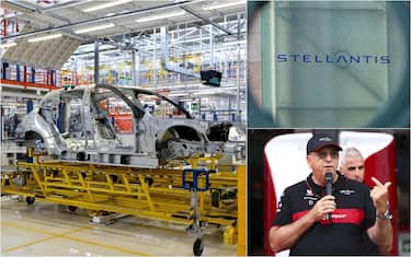 auto in costruzione, logo stellantis e jean philippe imparato