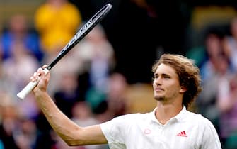 Alexander Zverev celebrates after winning his first round gentlemen's singles match against Tallon Griekspoor on court 1 on day two of Wimbledon at The All England Lawn Tennis and Croquet Club, Wimbledon. Picture date: Tuesday June 29, 2021.