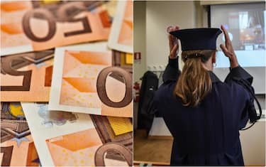 Collage: soldi e laureata 