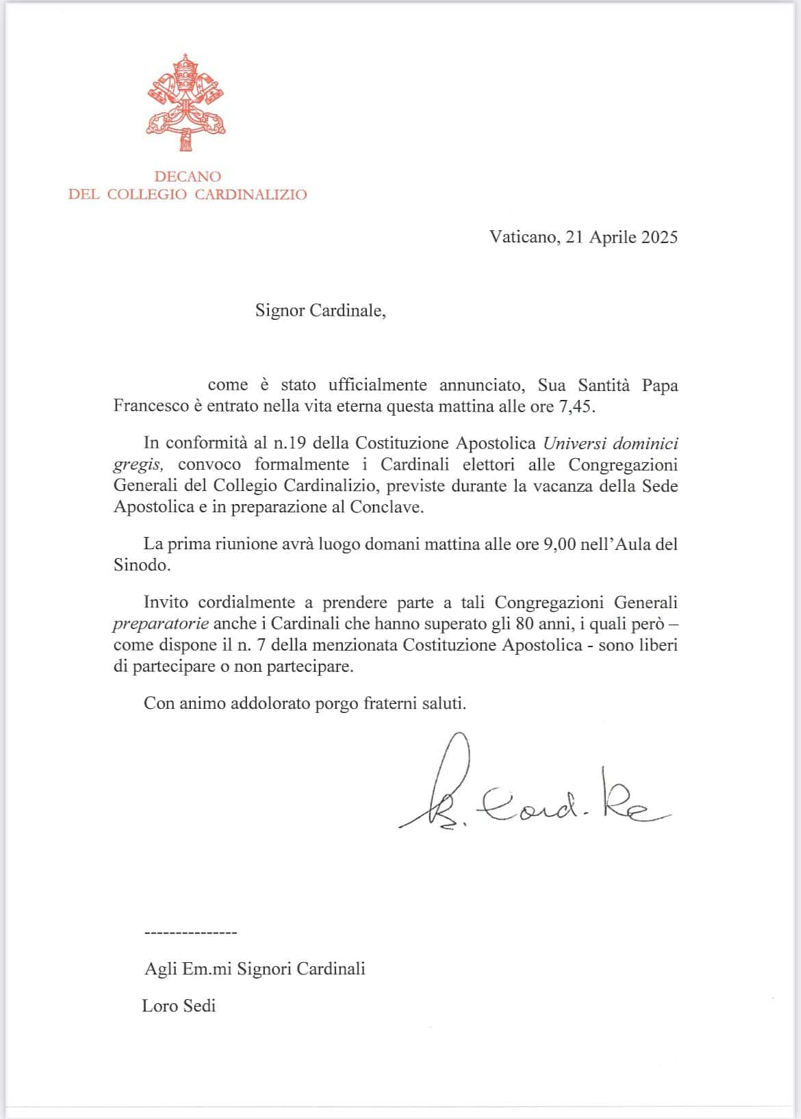 La convocazione dei Cardinali per il Conclave