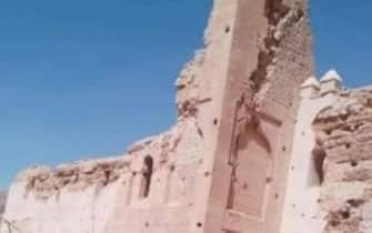 La moschea di Tinmel dopo il terremoto, 10 settembre 2023. Uno dei capolavori dell'arte sacra marocchina del 12mo secolo è ormai un cumulo di macerie. Testimonianza dello splendore almohade, nel pieno delle montagne dell'Atlante, era tappa obbligata per i cultori di arte in viaggio tra Marrakech e Taroudant.   ANSA / Olga Piscitelli