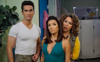 Eva Longoria TELENOVELA -- "Split Personalities" Episode 107 -- Pictured: (l-r) Jose Moreno Brooks as Gael Garnica, Eva Longoria as Ana Sofia Calderon, Diana Maria Riva as Mimi Moncada - (Photo by: Paul Drinkwater/NBC)