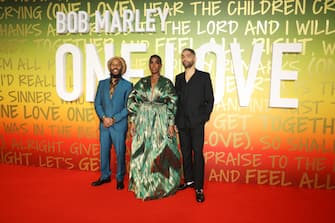 LONDON, ENGLAND - JANUARY 30: (L to R) Ziggy Marley, Lashana Lynch and Kingsley Ben-Adir attend the UK Premiere of "Bob Marley: One Love" at the BFI IMAX Waterloo on January 30, 2024 in London, England. (Photo by Sama Kai/Dave Benett/WireImage)