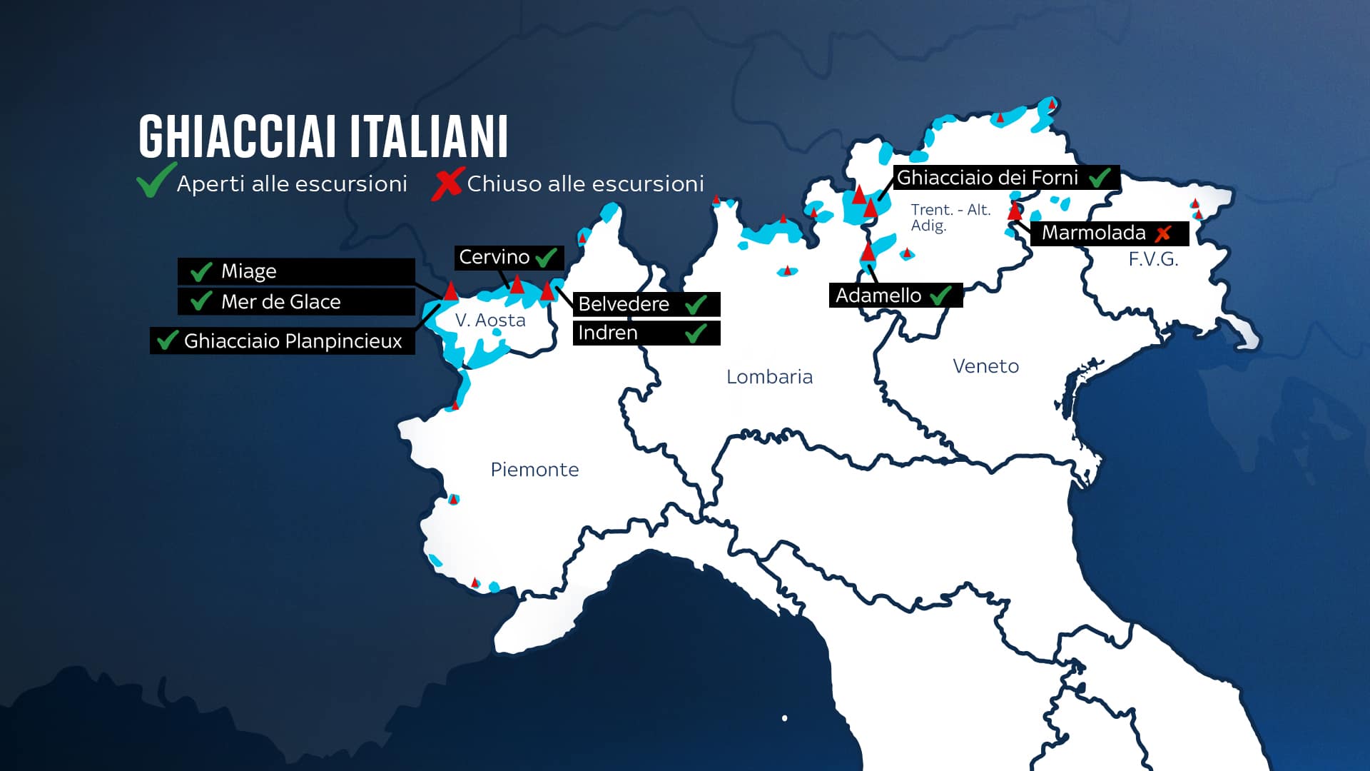 La mappa dei ghiacciai aperti 