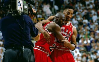 SALT LAKE CITY, UT - JUNE 11: Michael Jordan #23 and Scottie Pippen #33 of the Chicago Bulls celebrate after winning game five of the 1997 NBA Finals against the Utah Jazz on June 11, 1997 in Salt Lake City, Utah. NOTE TO USER: User expressly acknowledges and agrees that, by downloading and or using this photograph, User is consenting to the terms and conditions of the Getty Images License Agreement.  (Photo by Andy Hayt/NBAE via Getty Images)