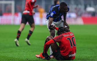 Rafael Leao of AC Milan and Marcus Thuram of FC Internazionale seen during Serie A 2023/24 football match between AC Milan and FC Internazionale at San Siro Stadium, Milan, Italy on April 22, 2024