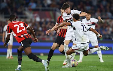 Dan Ndoye of Bologna scores 0-1 goal during the Italian Cup final soccer match between AC Milan and Bologna FC at Olimpico Stadium in Rome, Italy, 14 May 2025. ANSA/FEDERICO PROIETTI