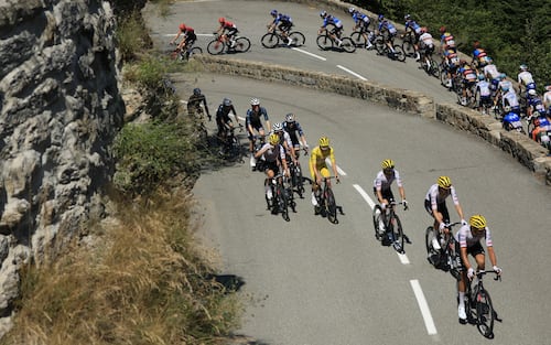 epa11489202 Yellow jersey Slovenian rider Tadej Pogacar of UAE Team Emirates in action during the 20th stage of the 2024 Tour de France cycling race over 132km from Nice to Col de la Couillole, France, 20 July 2024.  EPA/GUILLAUME HORCAJUELO