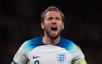 LONDON, ENGLAND - OCTOBER 17:  Harry Kane of England celebrates scoring his second goal during the UEFA EURO 2024 European qualifier match between England and Italy at Wembley Stadium on October 17, 2023 in London, England. (Photo by Visionhaus/Getty Images)