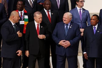 DUBAI, UNITED ARAB EMIRATES - DECEMBER 01: Turkish President Recep Tayyip Erdogan (2L) and Belarusian President Aleksandr Lukashenko (2R) prepare for a family photo during day one of the high-level segment of the UNFCCC COP28 Climate Conference at Expo City Dubai on December 01, 2023 in Dubai, United Arab Emirates. The COP28, which is running from November 30 through December 12, brings together stakeholders, including international heads of state and other leaders, scientists, environmentalists, indigenous peoples representatives, activists and others to discuss and agree on the implementation of global measures towards mitigating the effects of climate change. (Photo by Sean Gallup/Getty Images)