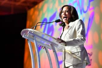 NEW ORLEANS, LOUISIANA - JULY 06: Kamala Harris speaks on stage at 2019 ESSENCE Festival Presented By Coca-Cola at Ernest N. Morial Convention Center on July 06, 2019 in New Orleans, Louisiana. (Photo by Paras Griffin/Getty Images for ESSENCE)